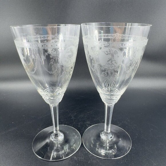 Heisey Pied Piper Etched Crystal Water Goblet Delicate Stemware Glasses Set 2 - Picture 10 of 10